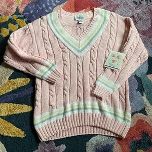 NWT 80s Vintage Erika V neck cable knit pastel sweater varsity